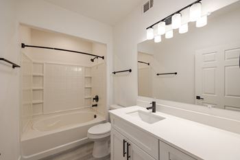 a bathroom with a sink and a tub and a toilet